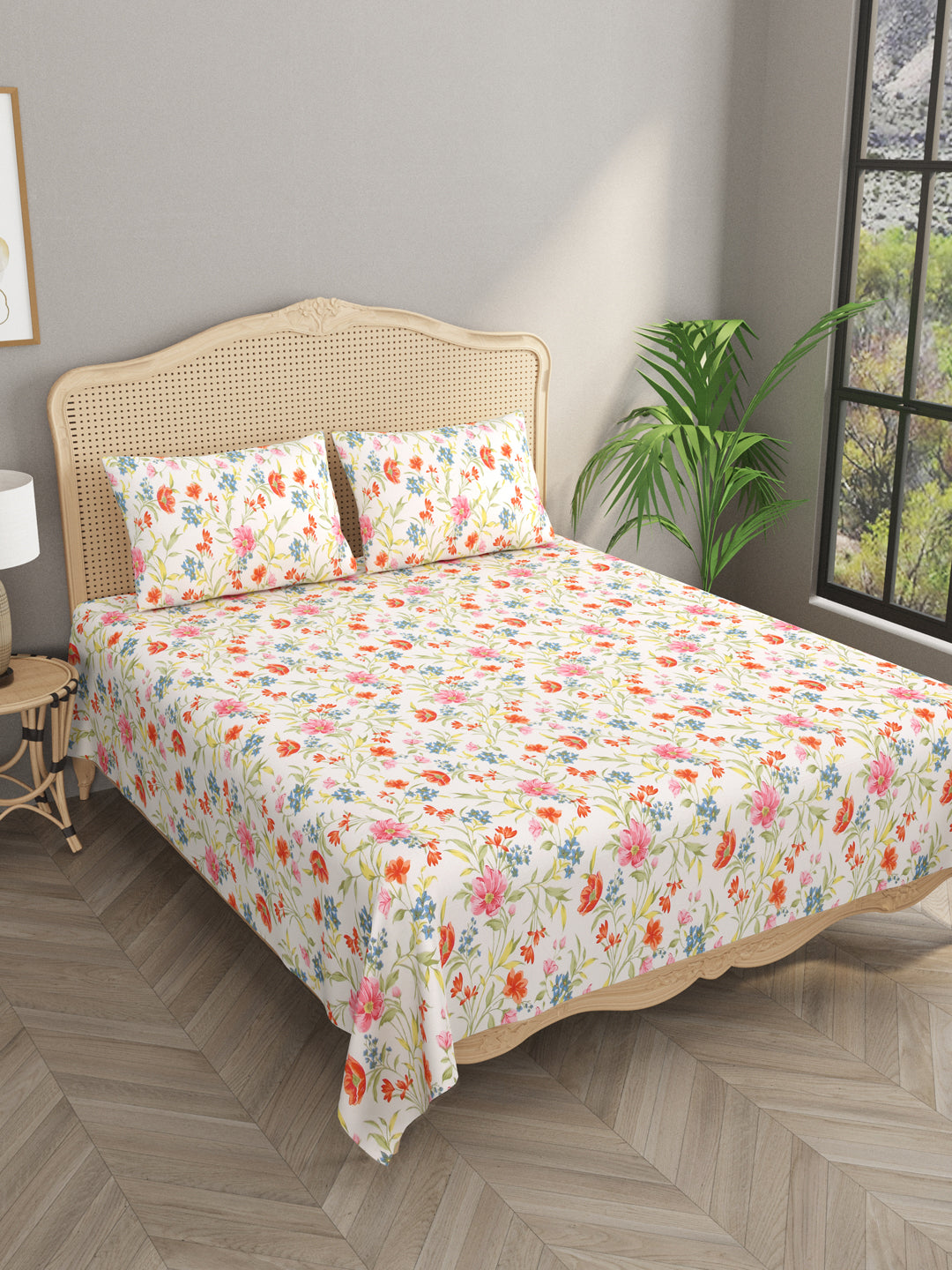 Floral Print Super King Cotton Bedsheet with 2 Pillow Covers