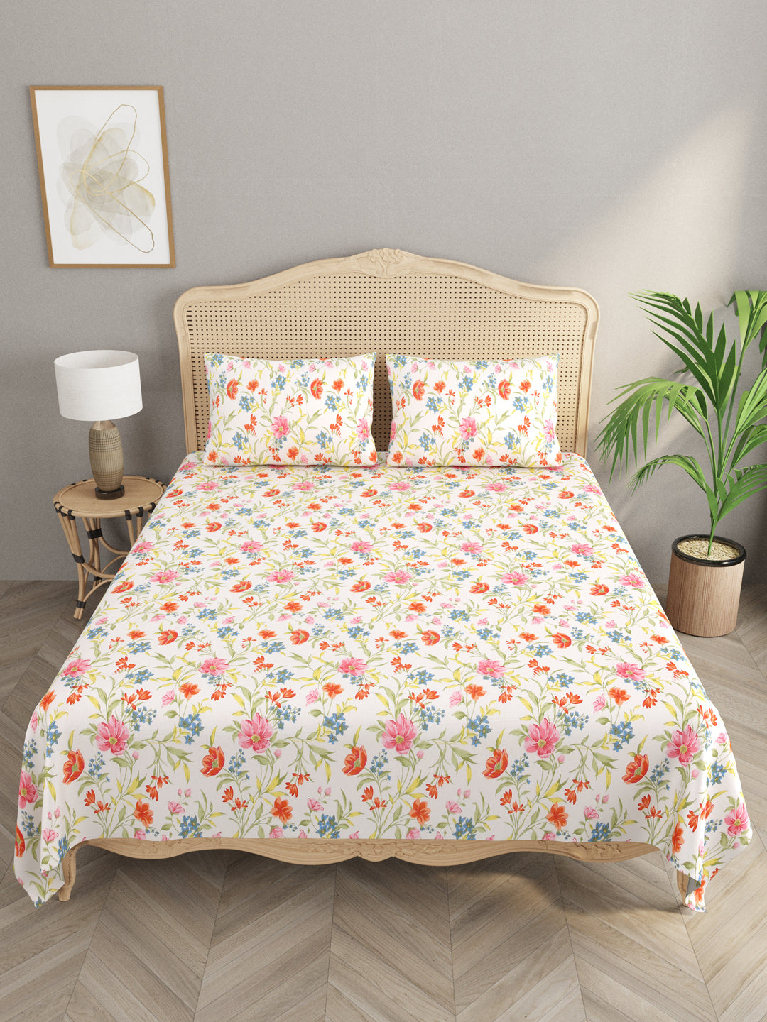 Floral Print Super King Cotton Bedsheet with 2 Pillow Covers