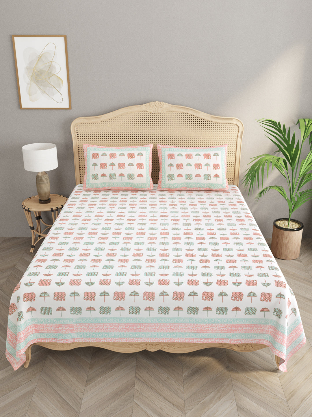 Extra Soft Percale Cotton Double King Handblock Print Bedsheet with 2 Pillow Covers