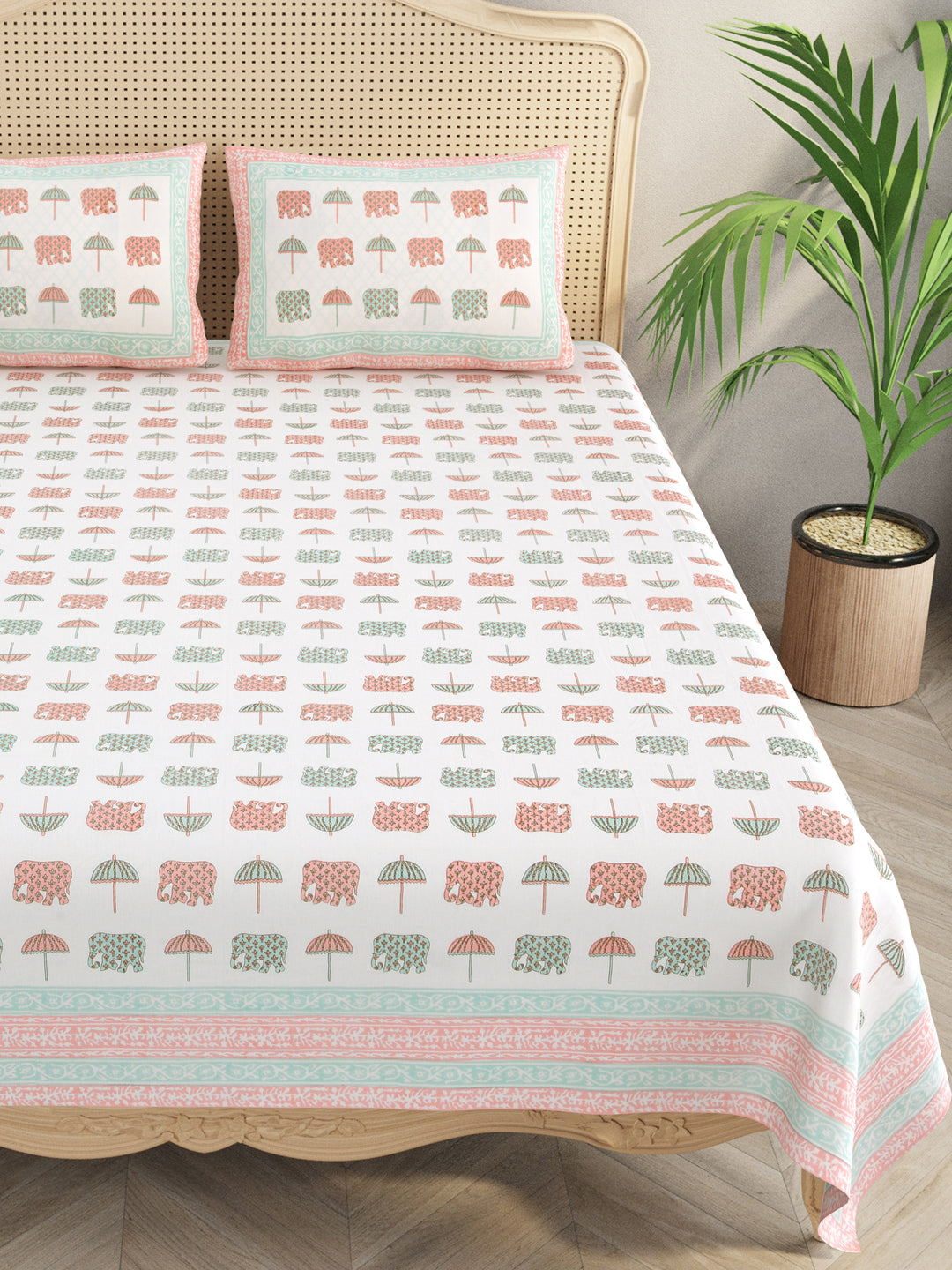 Extra Soft Percale Cotton Double King Handblock Print Bedsheet with 2 Pillow Covers