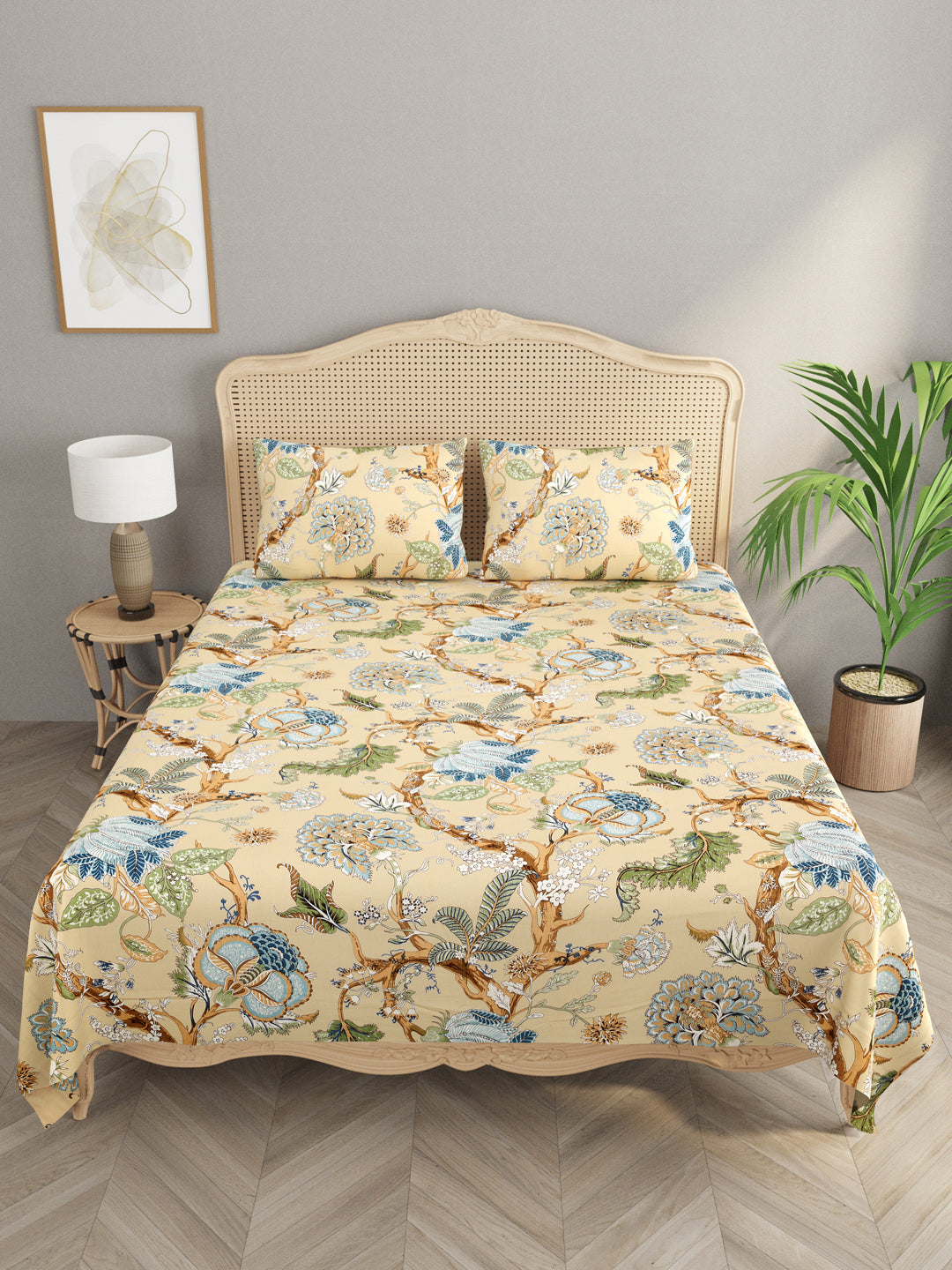 Premium Glaze Cotton Floral Print Super King Bedsheet with 2 Pillow Covers