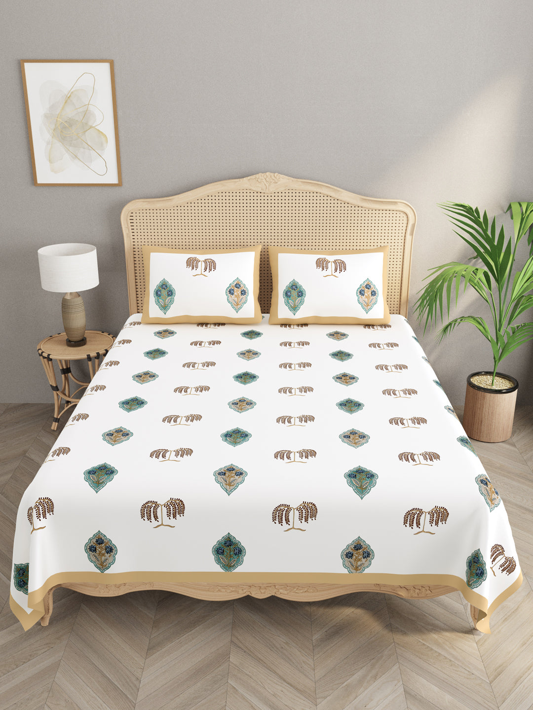 Handblock Print Super King Bedsheet in Extra Soft Percale Cotton with 2 Pillow covers