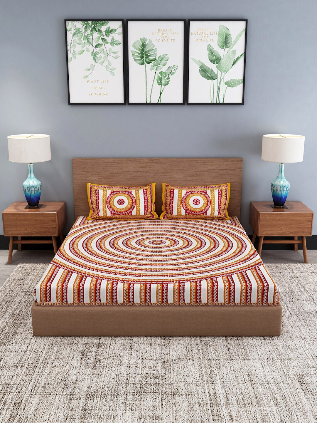 White & Orange Ethnic Motifs Cotton 1 King Bedsheet with 2 Pillow Covers