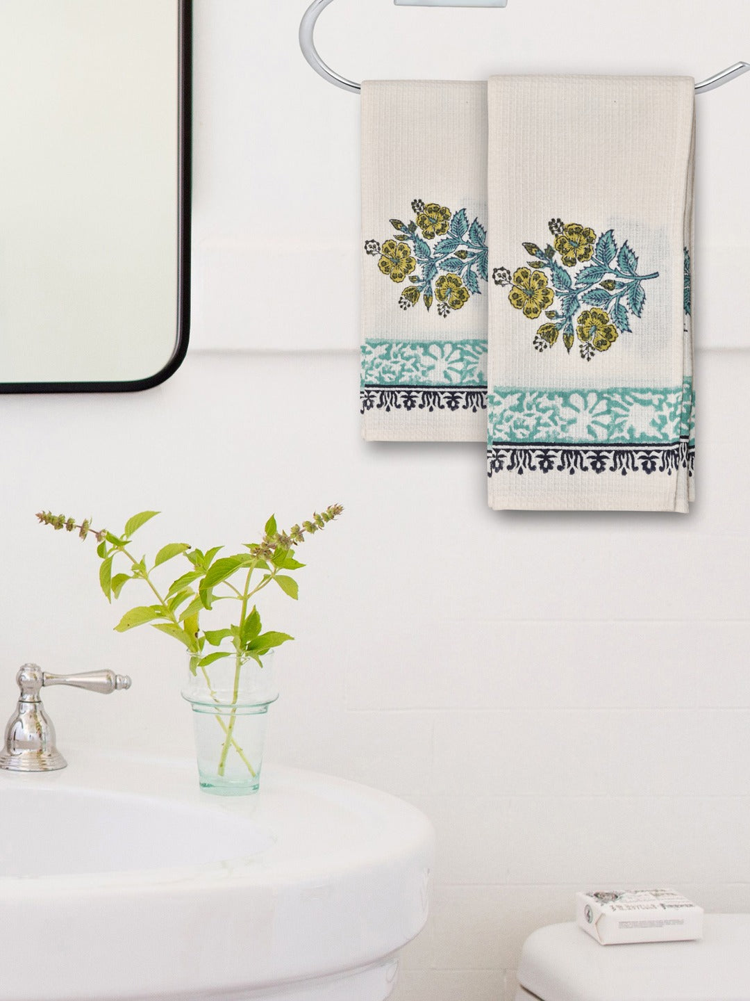 Hand Block Printed Honey Comb Cotton Hand Towel- Set of 2