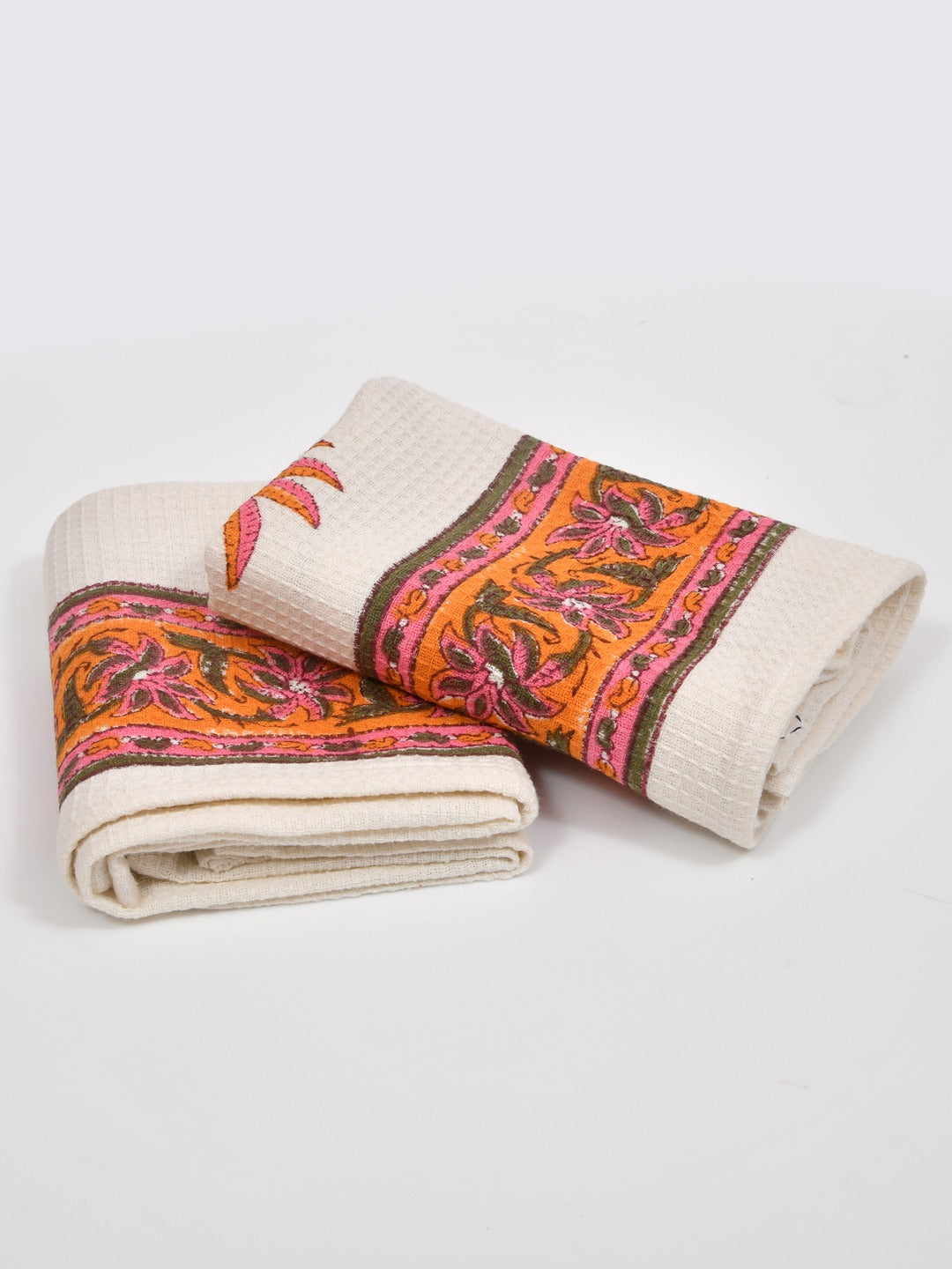 Hand Block Printed Honey Comb Cotton Hand Towel- Set of 2