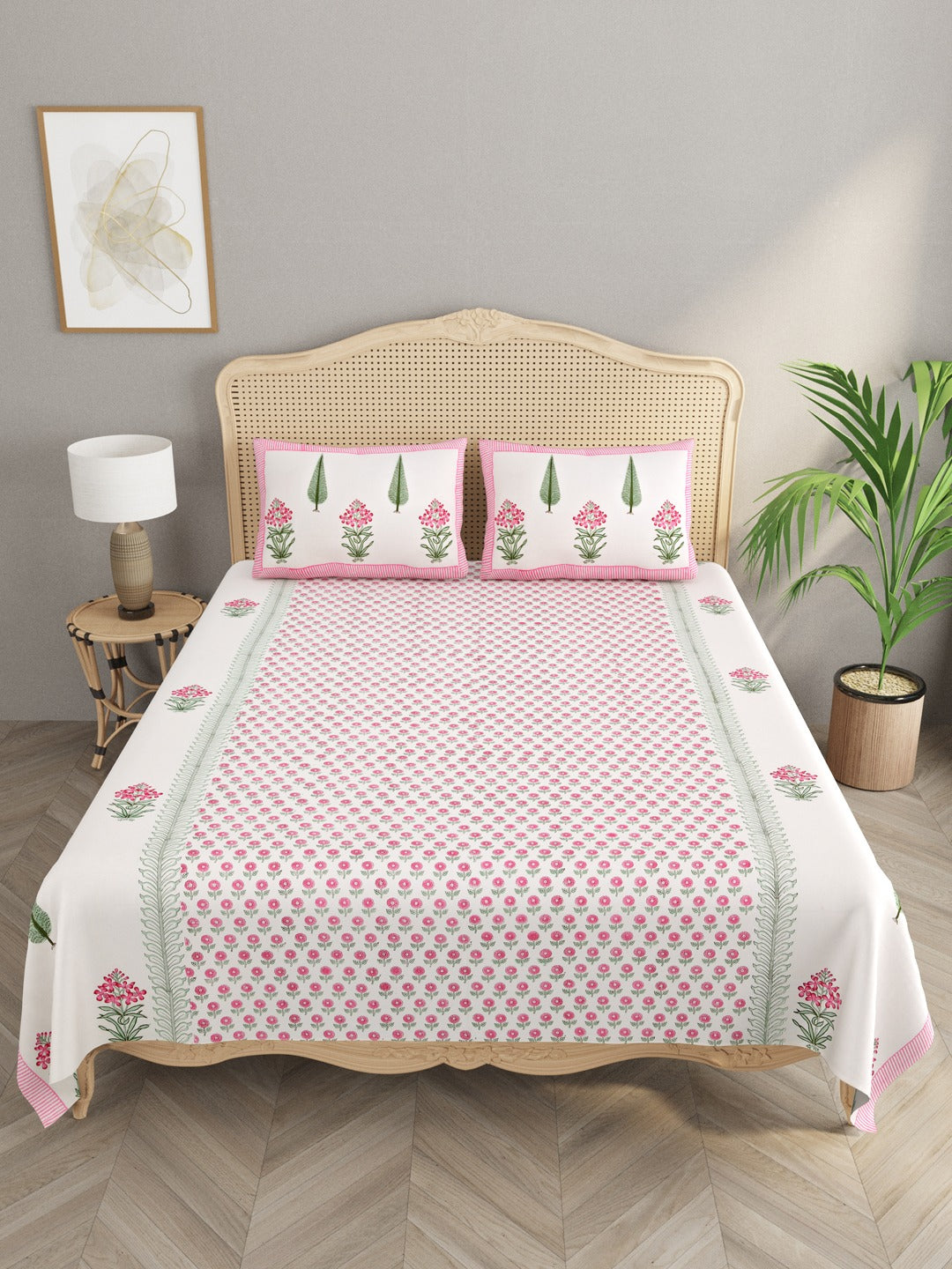 Handblock Printed Double King Bedsheet with 2 Pillow Covers