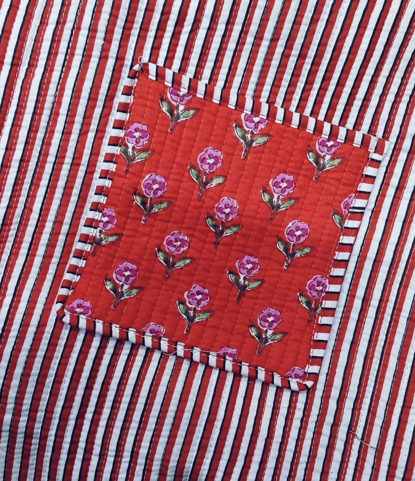 Handblock Printed Quilted Tote Bag with concealed zip ( 17x18x 6 inches)