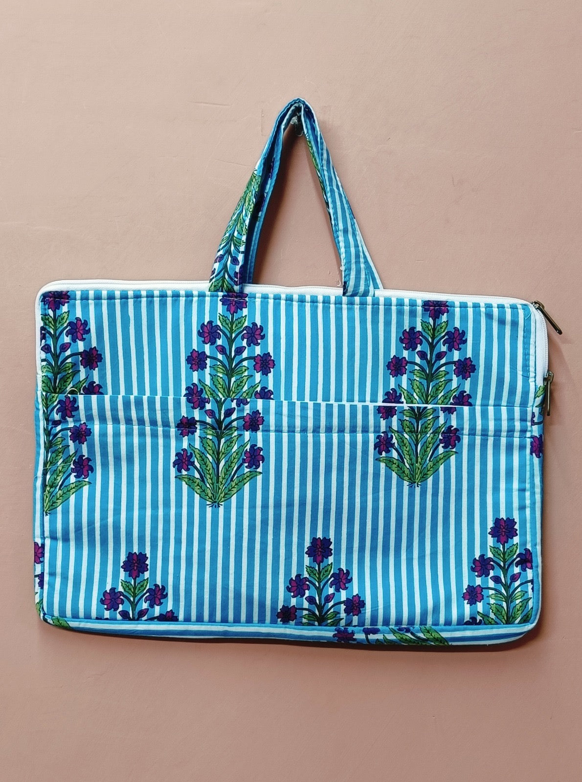 Laptop Bag with Handle -100% Cotton with handblock print and cushion support - 13-15 inches