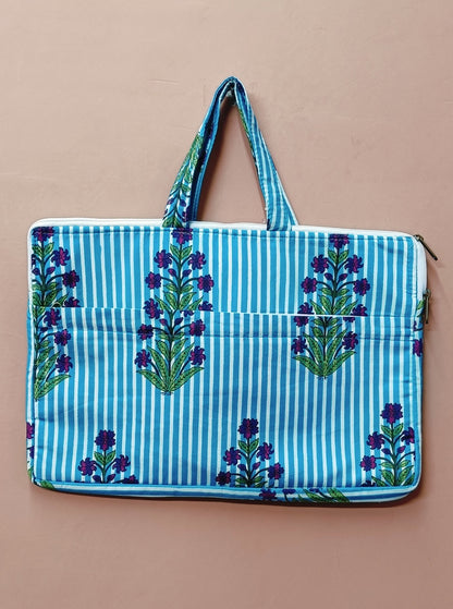 Laptop Bag with Handle -100% Cotton with handblock print and cushion support - 13-15 inches