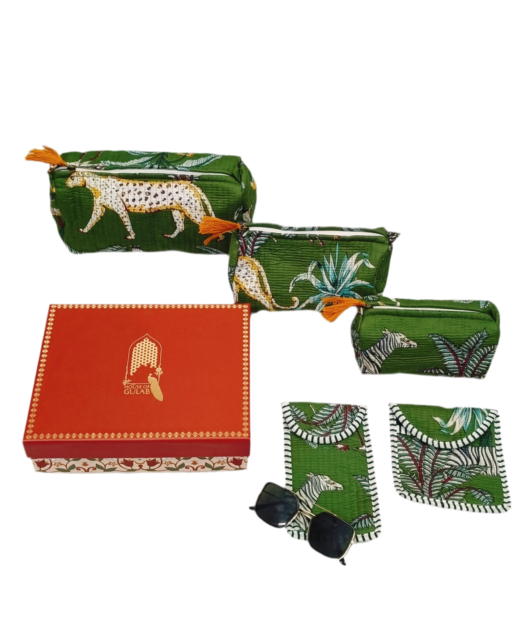 Rakhi Gift Box – Set of 5 Utility Pouches (3 Makeup Pouches, 1 Sunglass Pouch, 1 Sanitary Napkin Pouch)