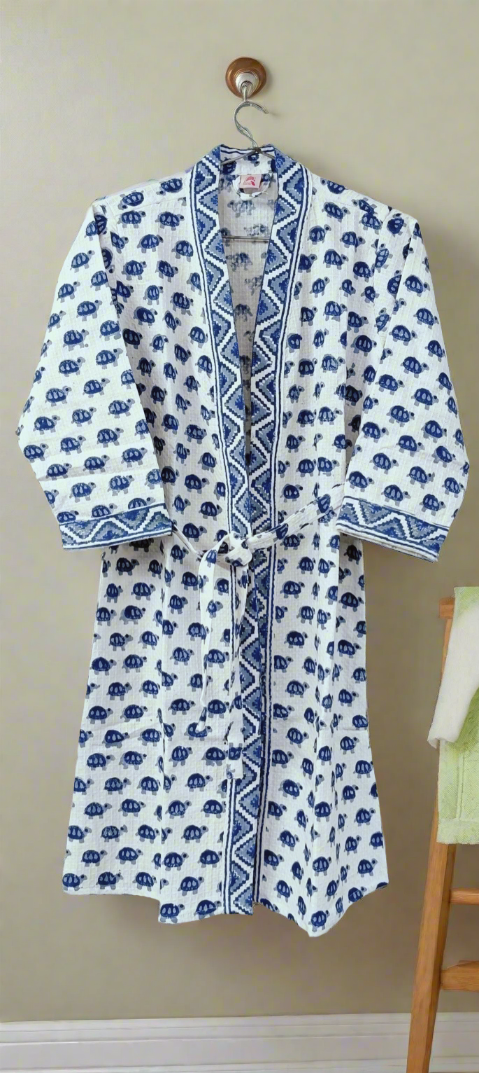 Handblock printed waffle cotton bathrobe for kids - 4-13 years old