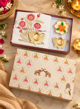 Diwali Home Décor Gift Box with 2 Cushion Covers, 1Handmade Floral Soy Wax Candle & 2 Metal Diyas