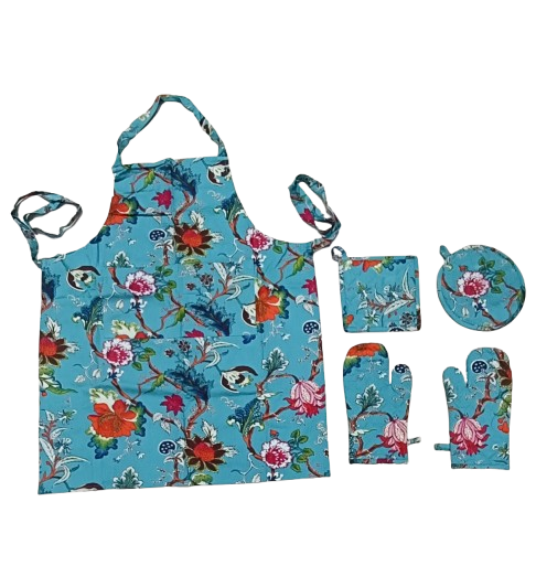 Cotton Unisex 1 Apron with 2 Microwave Gloves, 1 Roti Cover & 1 Microwave Pot Holder Trivets