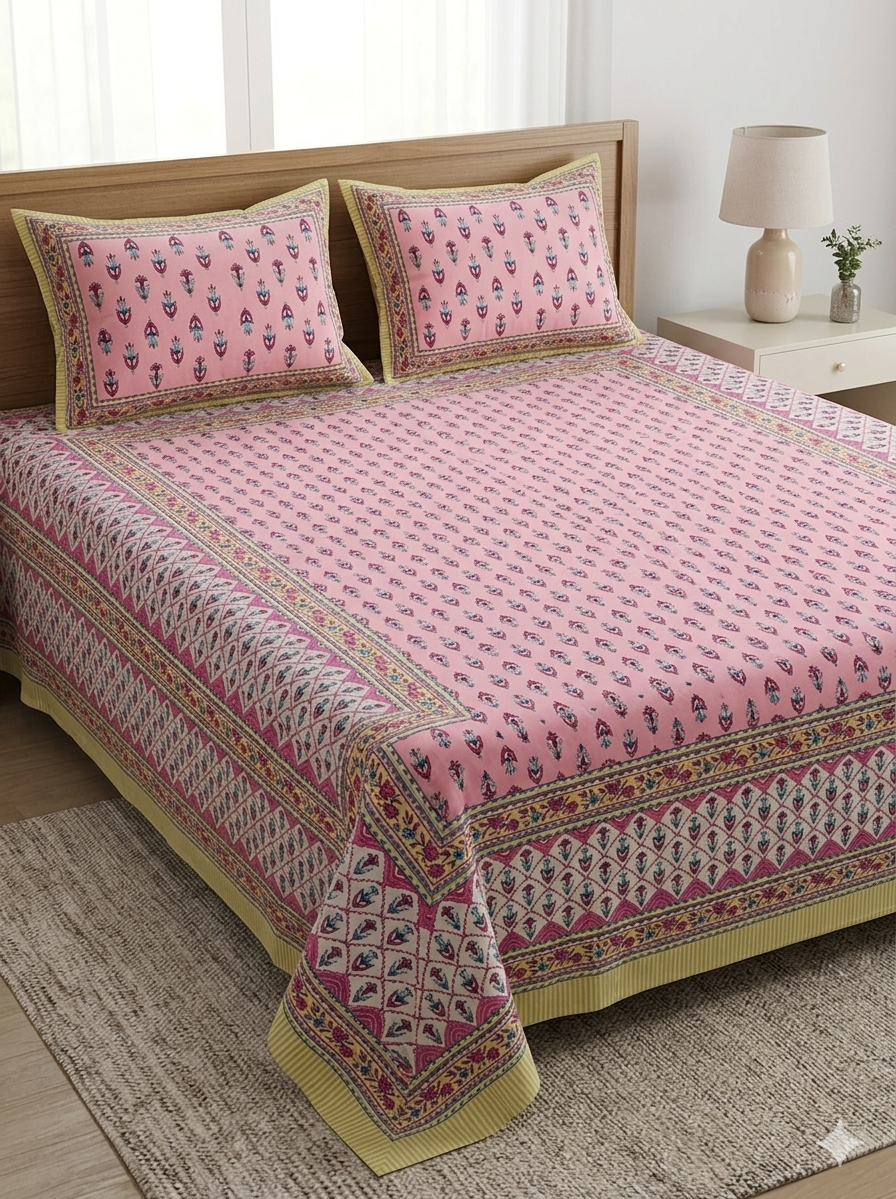 Floral Print Cotton Double King Bedsheet with 2 Pillow Covers