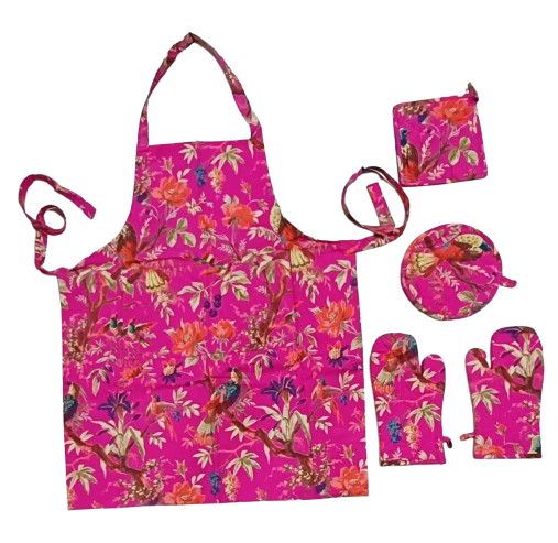 Cotton Unisex 1 Apron with 2 Microwave Gloves, 1 Roti Cover & 1 Microwave Pot Holder Trivets