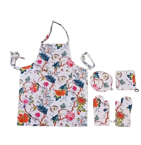 Cotton Unisex 1 Apron with 2 Microwave Gloves, 1 Roti Cover & 1 Microwave Pot Holder Trivets