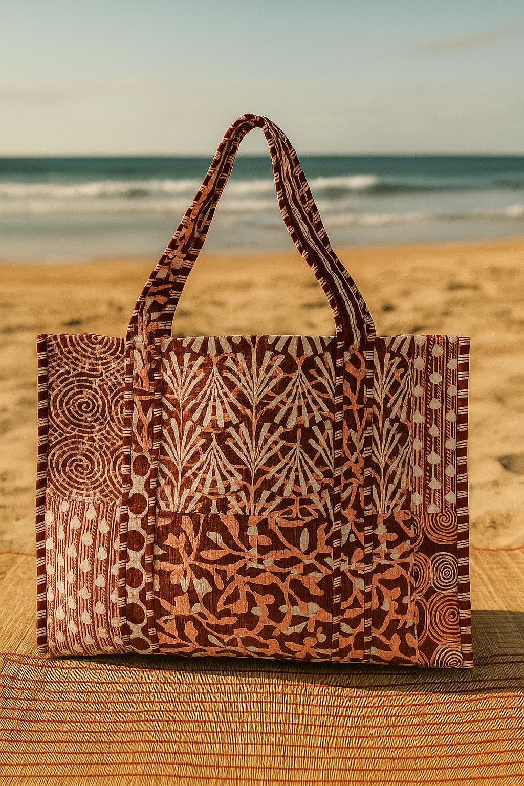 Handblock Printed Quilted Tote Bag without zip/button 17x18x 6 inches