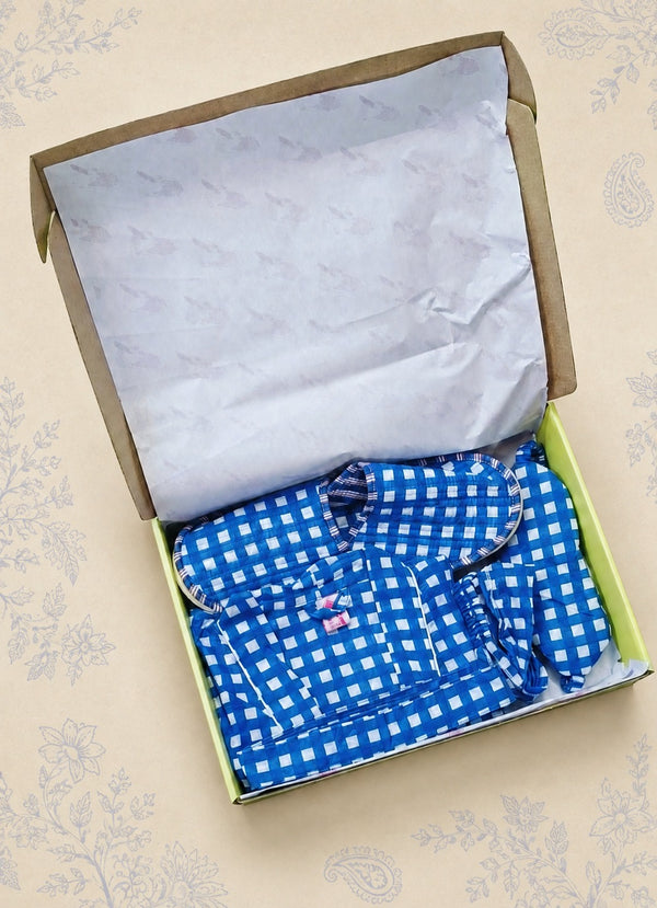 Gift Box With Handblock Print Cotton Robe Gift Set with Sleep Mask, Slippers & Headband