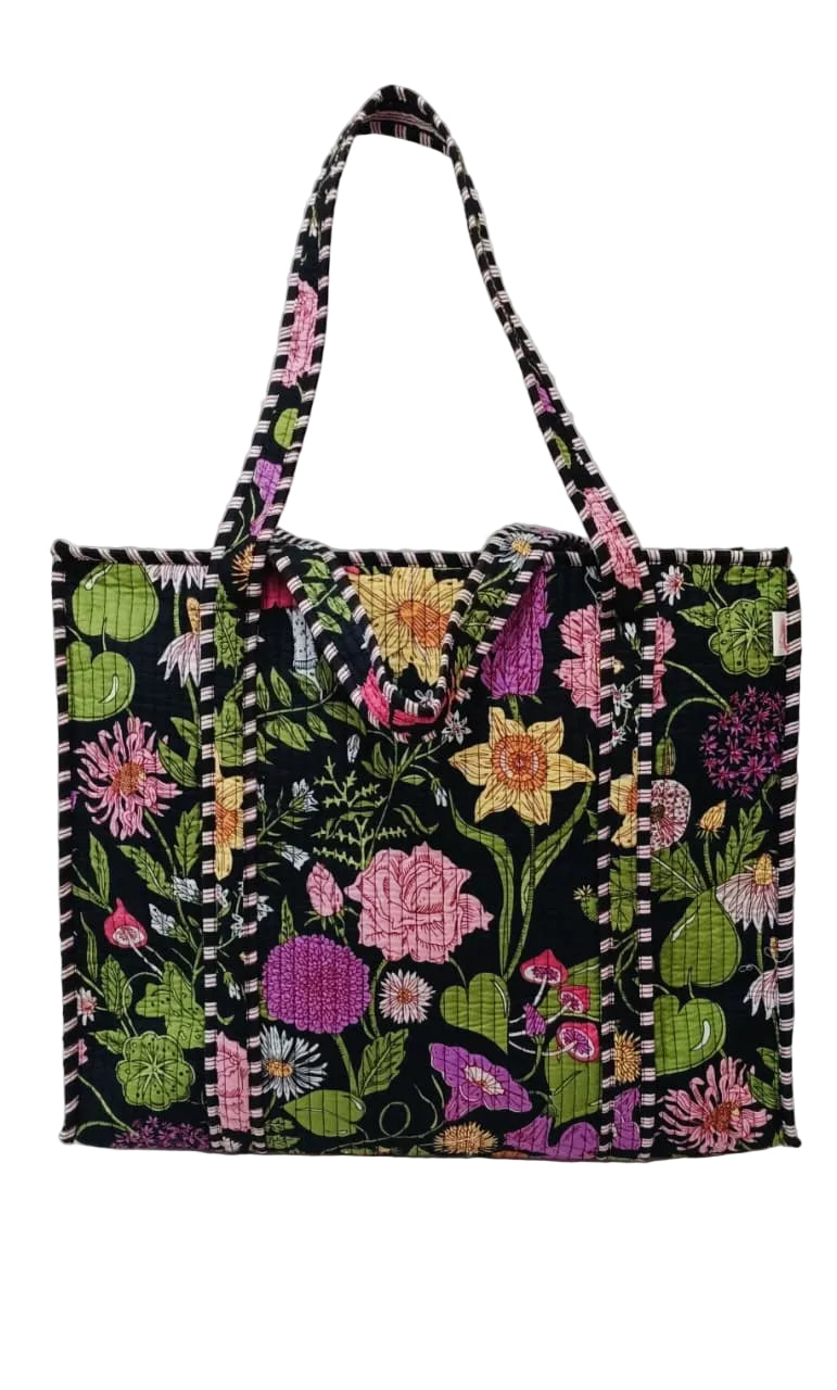 Handblock Printed Quilted Tote Bag with concealed zip ( 17x18x 6 inches)