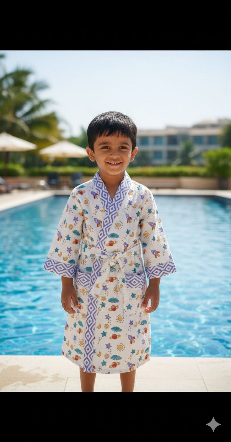 Handblock printed waffle cotton bathrobe for kids - 4-13 years old