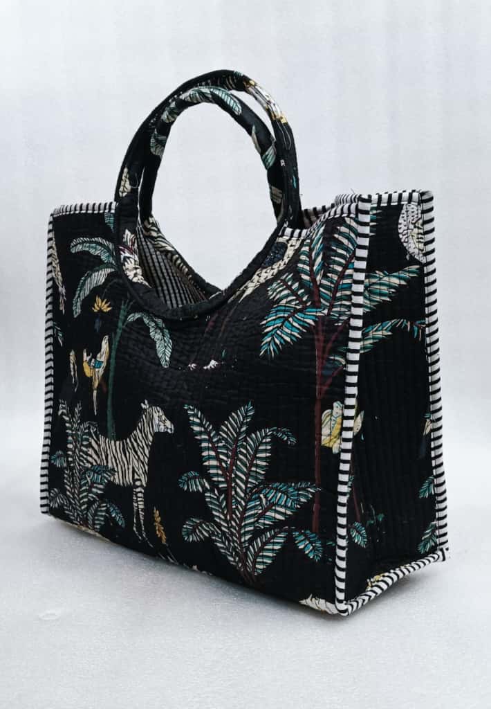 Handblock Printed Cotton Tote Bag with Unique Moon-Shaped Handle- 14x14x6 inches