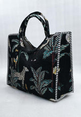 Handblock Printed Cotton Tote Bag with Unique Moon-Shaped Handle- 14x14x6 inches