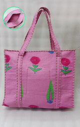 Handblock Printed Quilted Tote Bag with concealed zip ( 17x18x 6 inches)