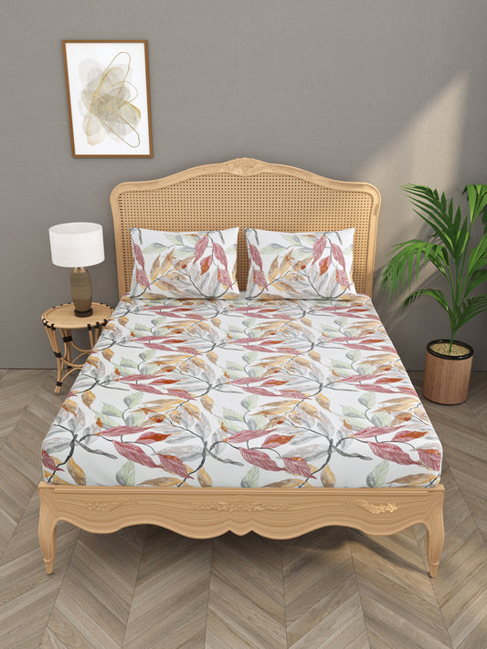 House of Gulab 100% Cotton Double Bedsheet (Leaf, Cream)