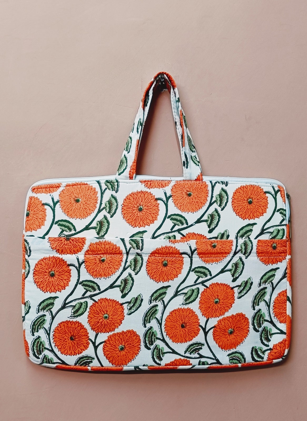 Laptop Bag with Handle -100% Cotton with handblock print and cushion support - 13-15 inches