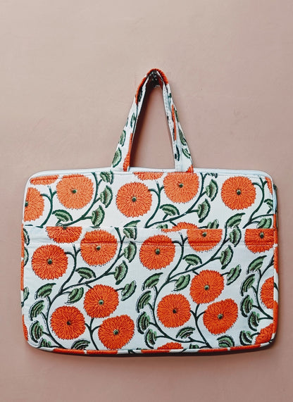 Laptop Bag with Handle -100% Cotton with handblock print and cushion support - 13-15 inches