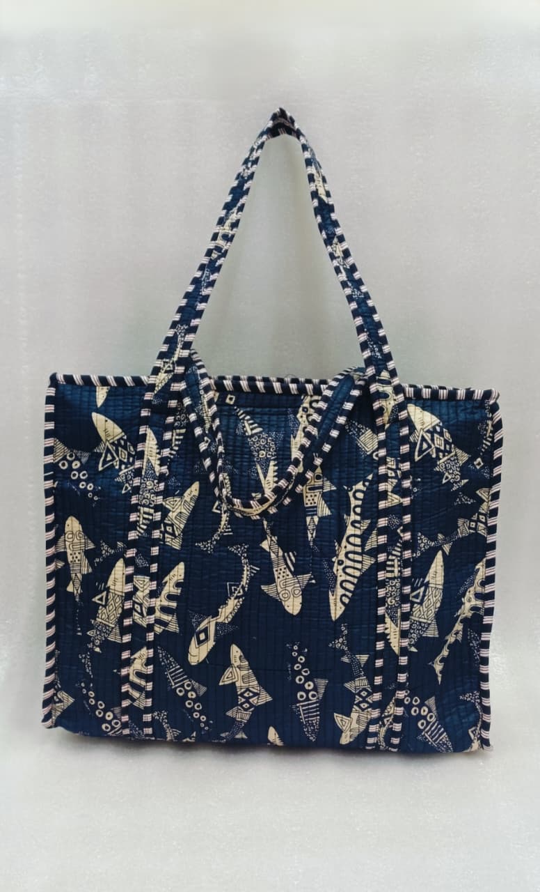 Handblock Printed Quilted Tote Bag with concealed zip ( 17x18x 6 inches)