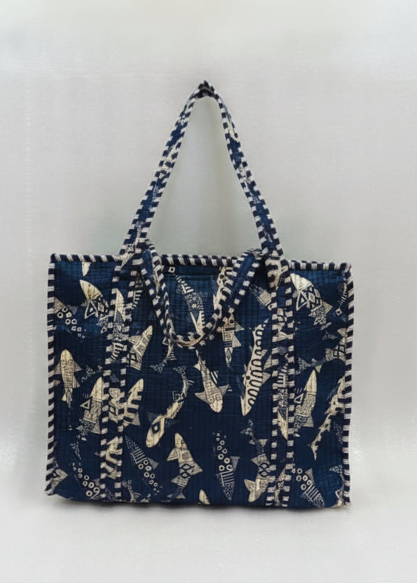 Handblock Printed Quilted Tote Bag with concealed zip ( 17x18x 6 inches)