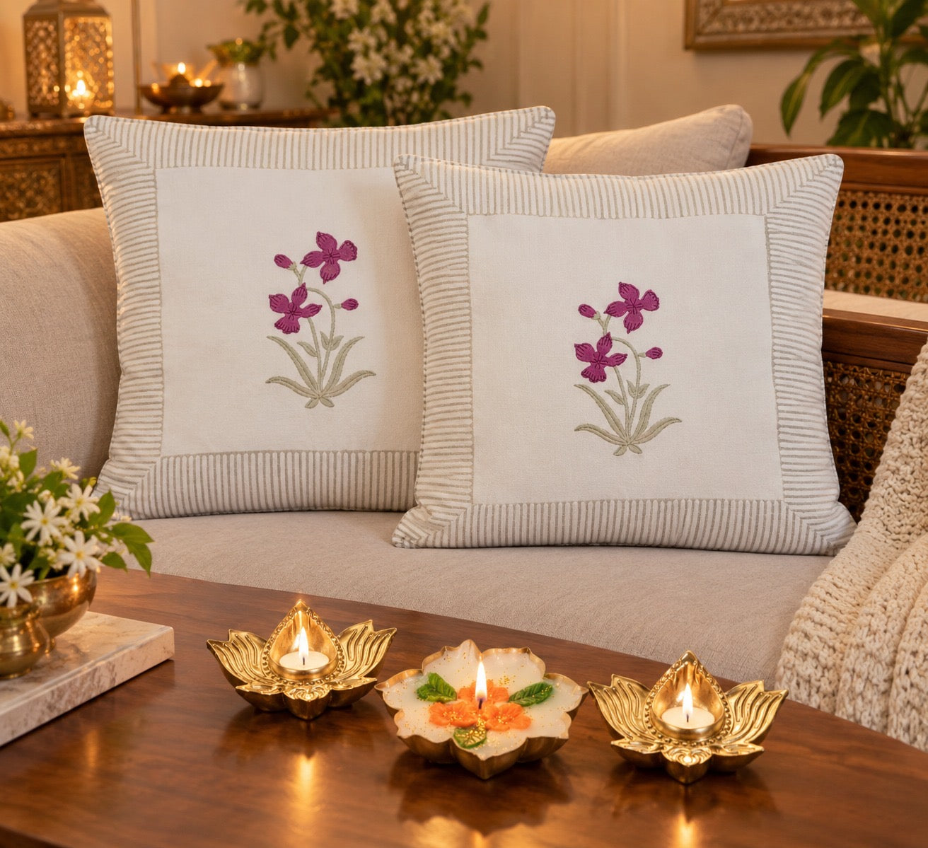 Diwali Home Décor Gift Box with 2 Cushion Covers, 1Handmade Floral Soy Wax Candle & 2 Metal Diyas
