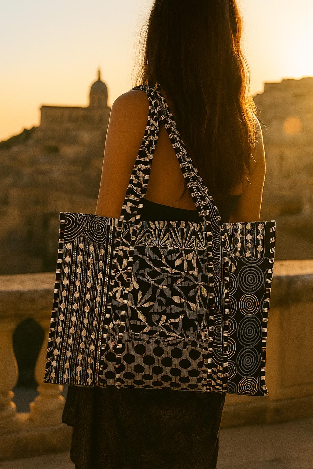 Handblock Printed Quilted Tote Bag without zip/button 17x18x 6 inches