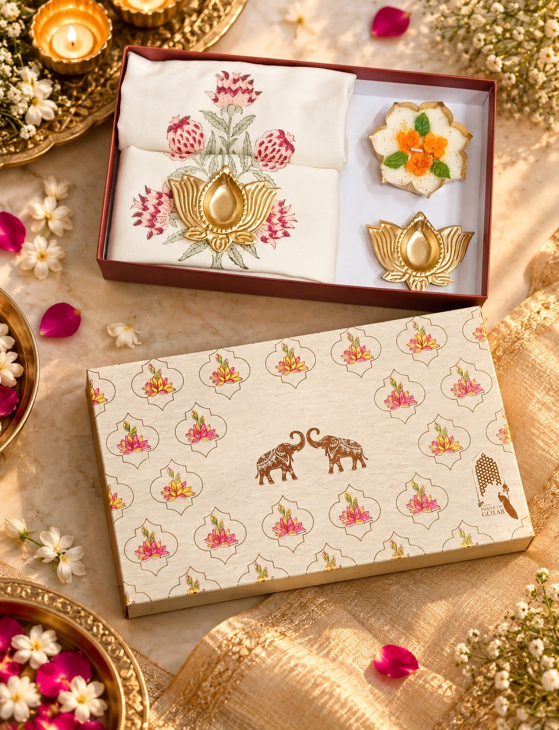 Diwali Home Décor Gift Box with 2 Cushion Covers, 1Handmade Floral Soy Wax Candle & 2 Metal Diyas