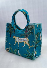 Handblock Printed Cotton Tote Bag with Unique Moon-Shaped Handle- 14x14x6 inches