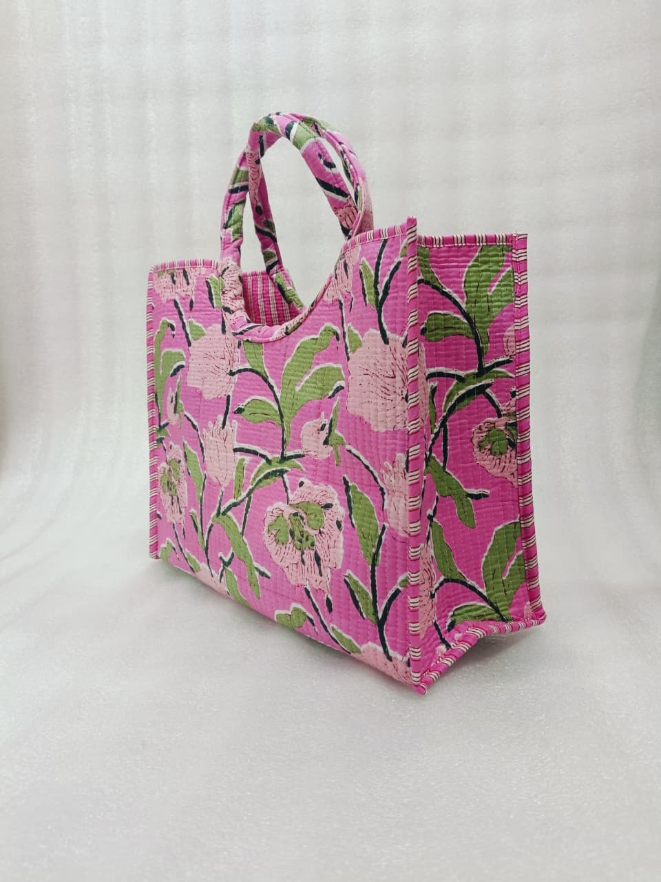 Handblock Printed Cotton Tote Bag with Unique Moon-Shaped Handle- 14x14x6 inches