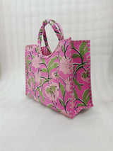 Handblock Printed Cotton Tote Bag with Unique Moon-Shaped Handle- 14x14x6 inches