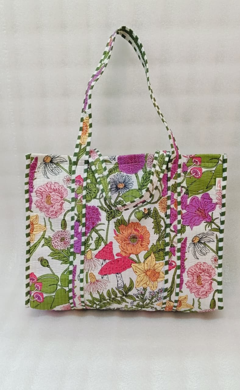 Handblock Printed Quilted Tote Bag without zip/button 17x18x 6 inches