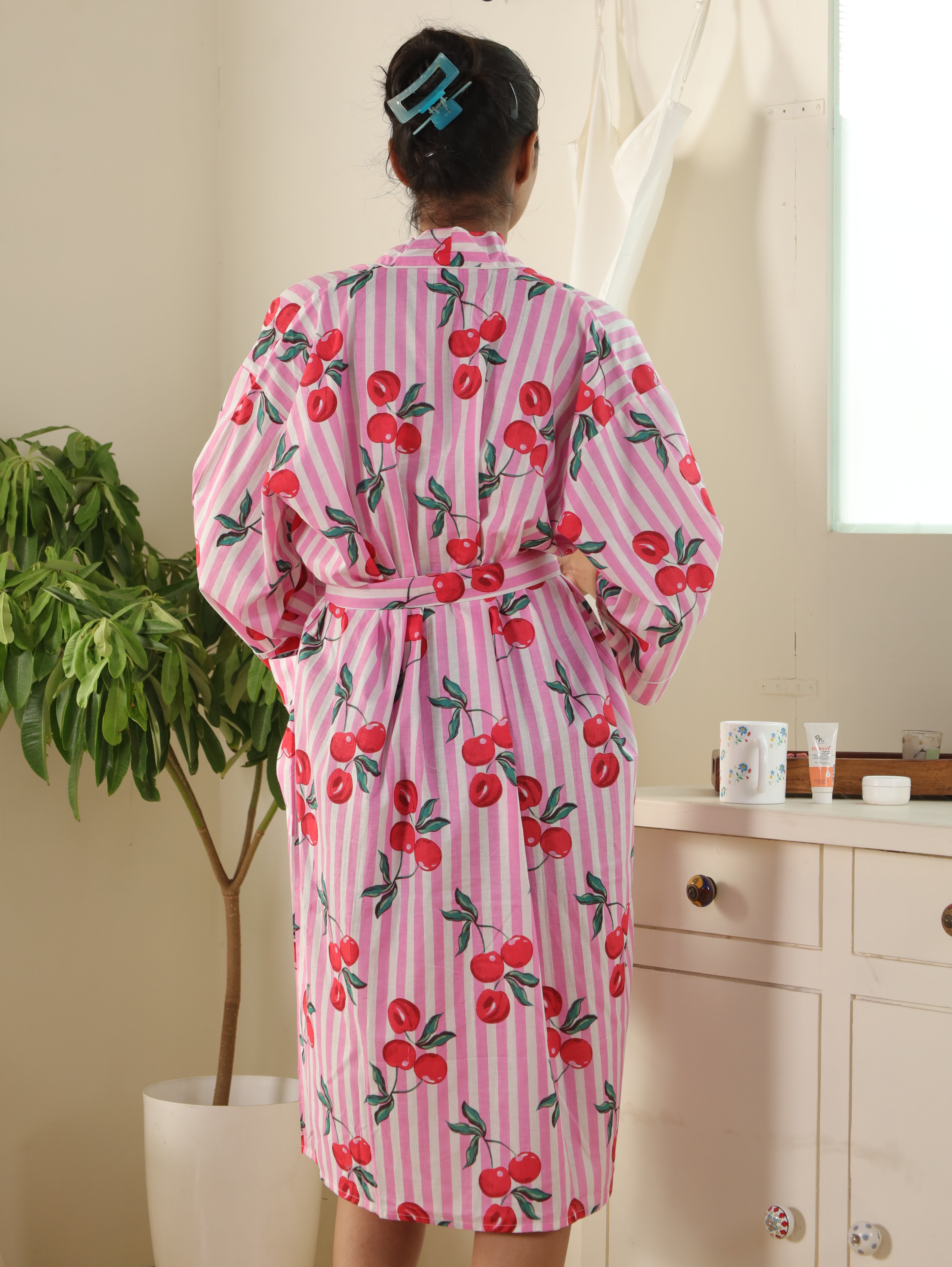Cotton Kimono Handblock Printed Unisex Bathrobe - Free Size