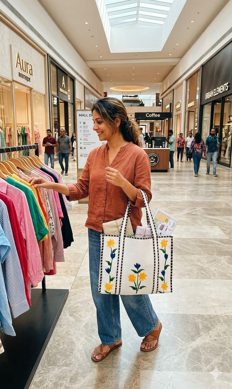 Hand-Painted Floral Tote Bag – Double-Sided Artisan Cotton Tote | Spacious Everyday Carry Bag (No Zip)- 17x18x6 inches