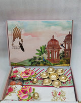 Diwali Gift Box | 1 Double Bedsheet, 1 Pair Door Hanging, 1 Metal Urli, 2 Laddoo Candles