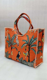 Handblock Printed Cotton Tote Bag with Unique Moon-Shaped Handle- 14x14x6 inches