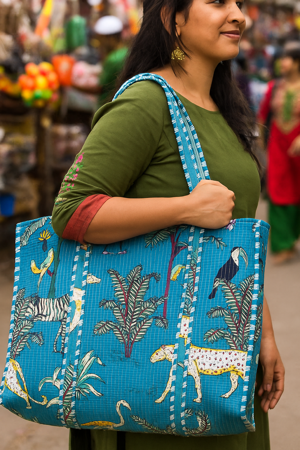 Handblock Printed Quilted Tote Bag without zip/button 17x18x 6 inches