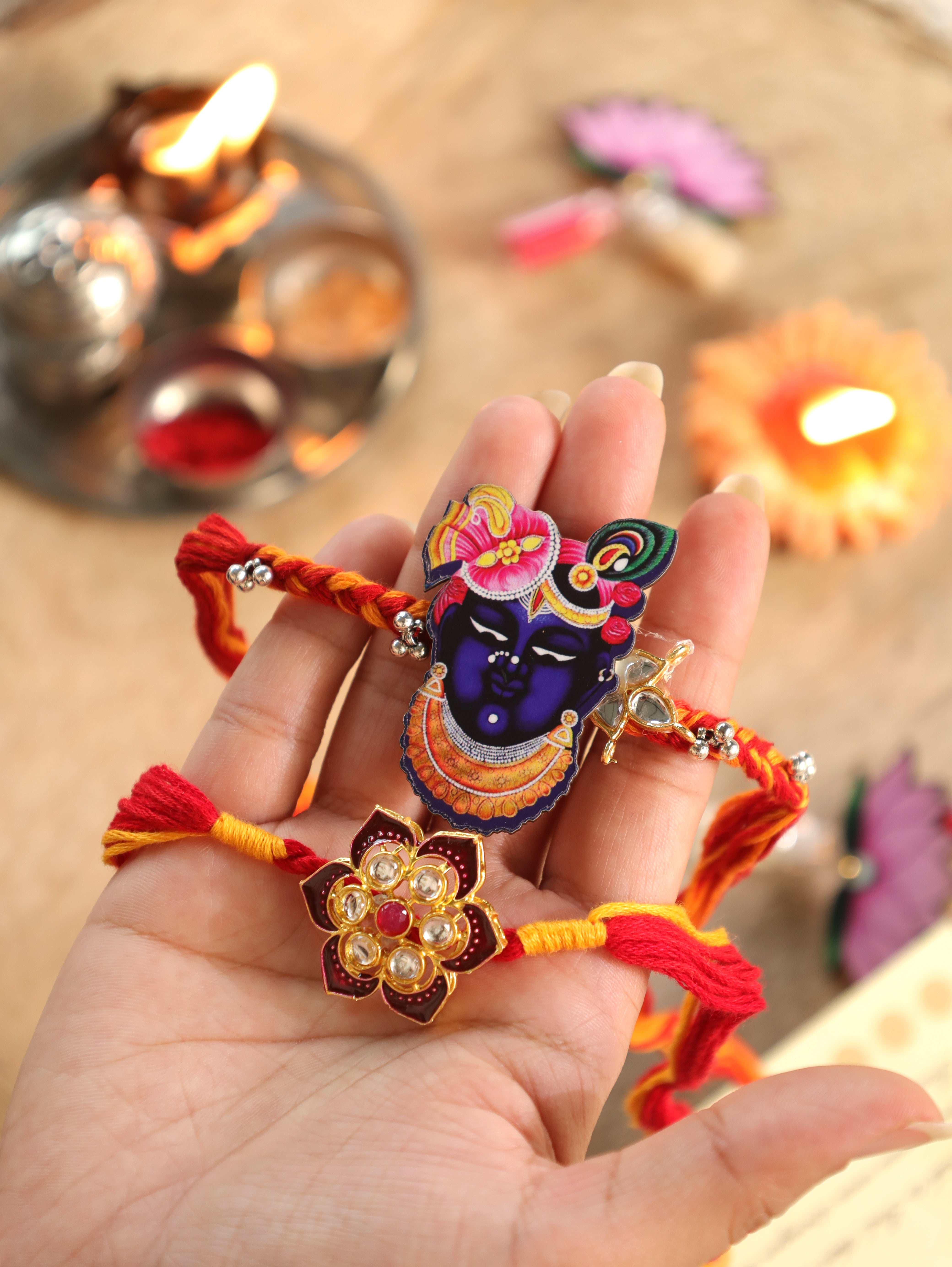 Pichwai Rakhi Gift Box– Designer Rakhi Set with Roli Chawal for Raksha Bandhan