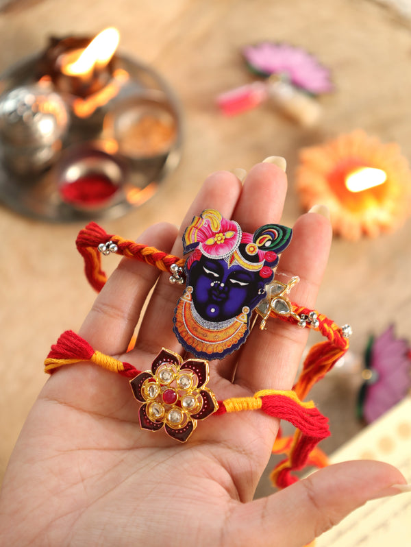 Pichwai Rakhi Gift Box– Designer Rakhi Set with Roli Chawal for Raksha Bandhan