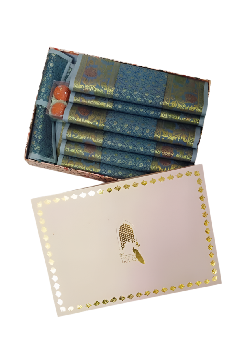 Diwali Gift Box with Banarasi Zari Table Runner, Set Of 6 Mats, 6 coaster & 2 laddoo candles