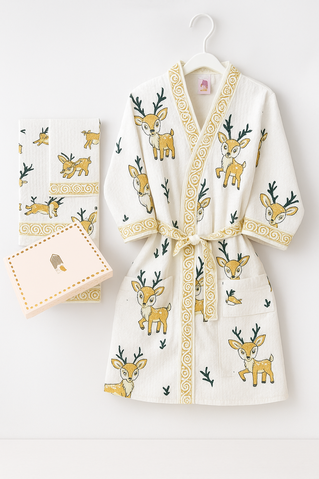 Handblock Printed Waffle Cotton Bathrobe Gift Box for Kids (4-13 Years) – Includes Bath Towel & 2 Hand Towels