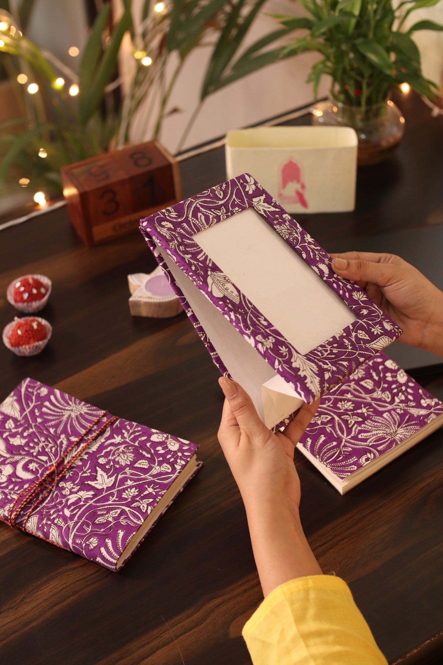 Gift Box with Work Desk Essential : 1 Diary, 1 Notepad, 1 Photoframe, 2 laddoo candles, 2 handblock candles