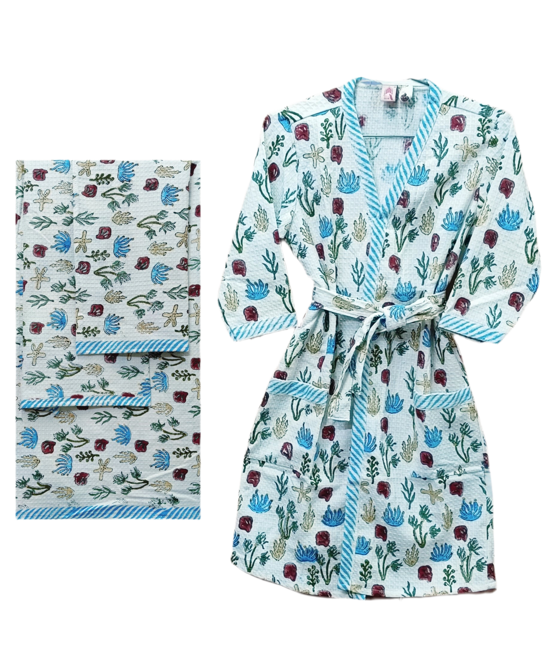 Handblock Printed Waffle Cotton Bathrobe Gift Box for Kids (4-13 Years) – Includes Bath Towel & 2 Hand Towels